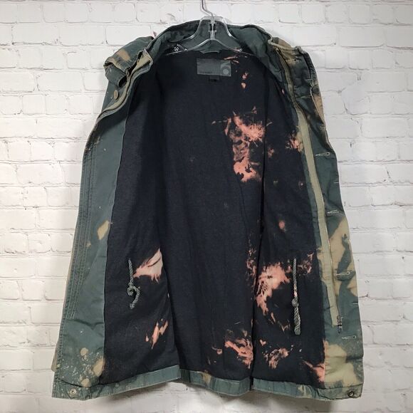 Bleach Tie Dye Hooded Parka Womans M Cinch Waist Field Jacket Arty Distressed - Picture 6 of 9